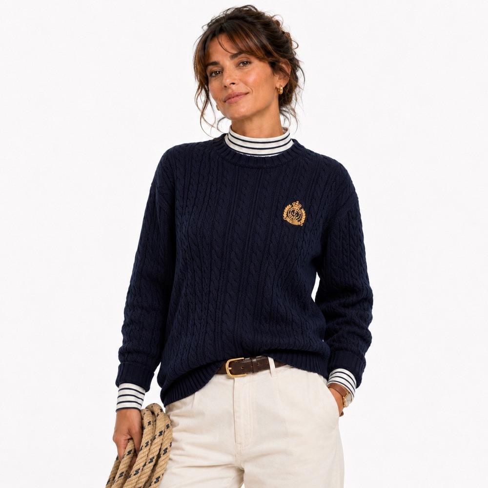 Lauren Ralph Lauren Vintage Cable Knit Sweater M Navy Blue Preppy Nautical Crest